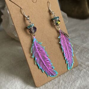 Iridescent Rainbow Feather Dangle Rhinestone Earrings .925 Sterling Silver
